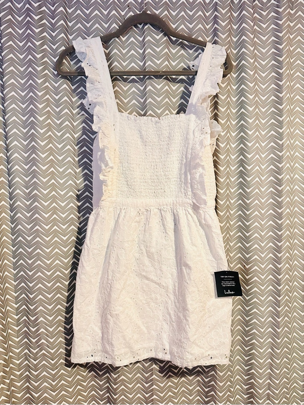 NWT Lulus | Sweet Bliss White Eyelet Ruffled Backless Mini Dress, S - Picture 4 of 9